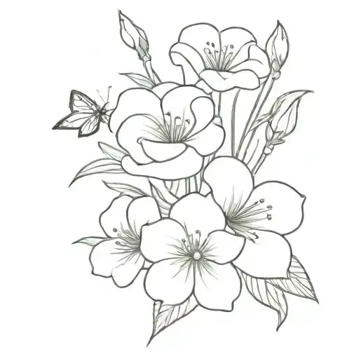 flower bouquet with 2 roses, 1 paperwhite narcissus, 1 morning glory, and 1 carnation with butterflies tattoo design idea
