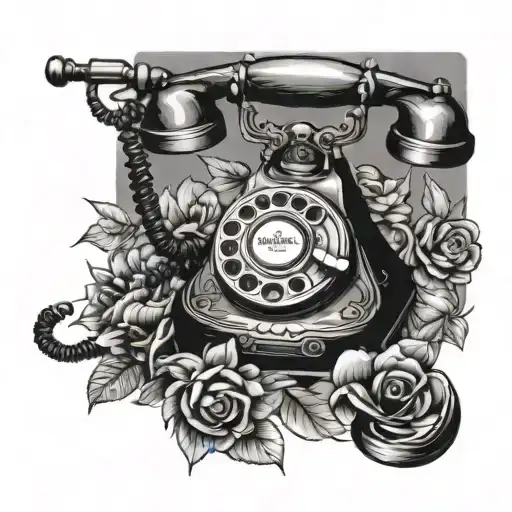 A Vintage Rotary Phone old school nested in  flowers tattoo design idea