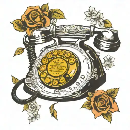 A Vintage Rotary Phone old school nested in  flowers tattoo design idea