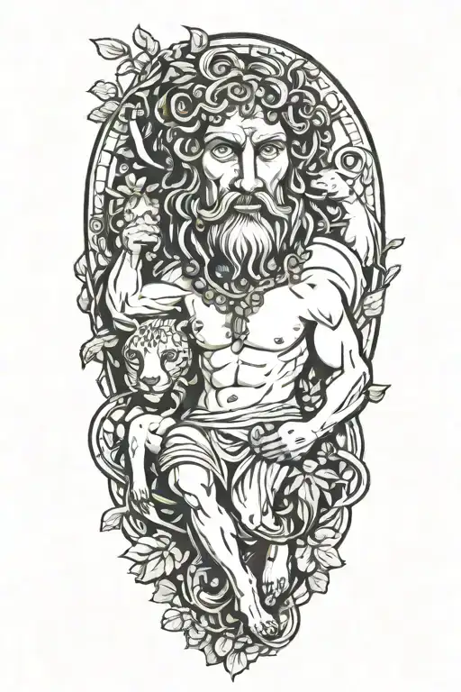 the god Dionysus holding a thyrsus as a youth with a panther covered in vines representing the dionysian force. tattoo design idea