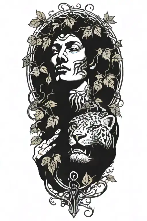 the god Dionysus a sa youth with a panther covered in vines representing the dionysian force. tattoo design idea
