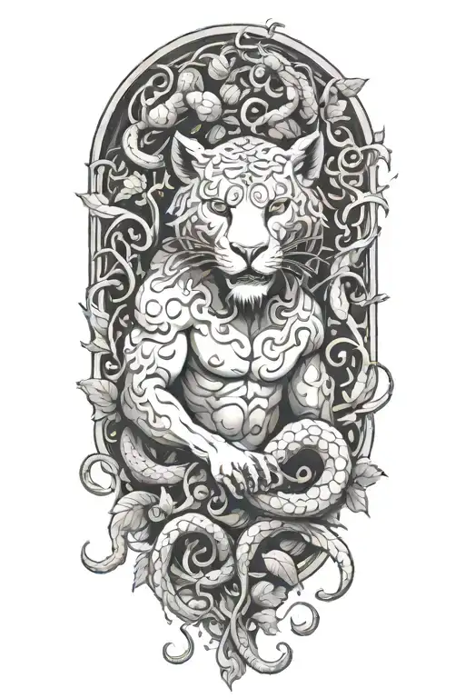 Combine Dionysus the god of wine with a panther and a snake covered in vines representing the dionysian force. tattoo design idea