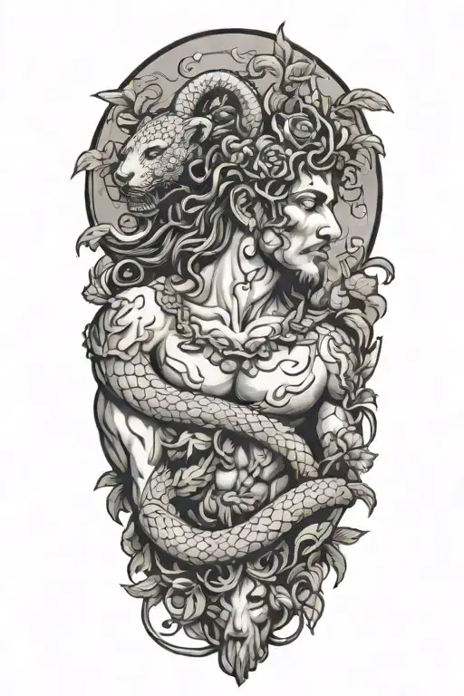 the god Dionysus with a panther and a snake covered in vines representing the dionysian force. tattoo design idea