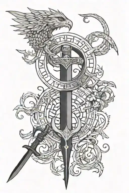 ouroboros around the shoulder, with a damocles sword below, along with runes and other symbolism tattoo design idea