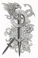 ouroboros around the shoulder, with a damocles sword below, along with runes and other symbolism tattoo design idea