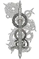 ouroboros around the shoulder, with a damocles sword below, along with runes and other symbolism tattoo design idea