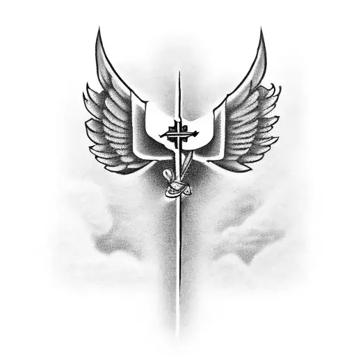 cross with angel wings and greek letters above tattoo design idea