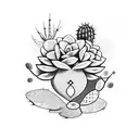 real heart mixed with a cactus, with eyelets flowers growing on top tattoo design idea