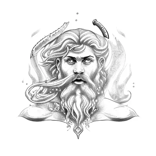 The mighty Poseidon is the god of the seas and oceans, the king of the underwater kingdom with his trident tattoo design idea