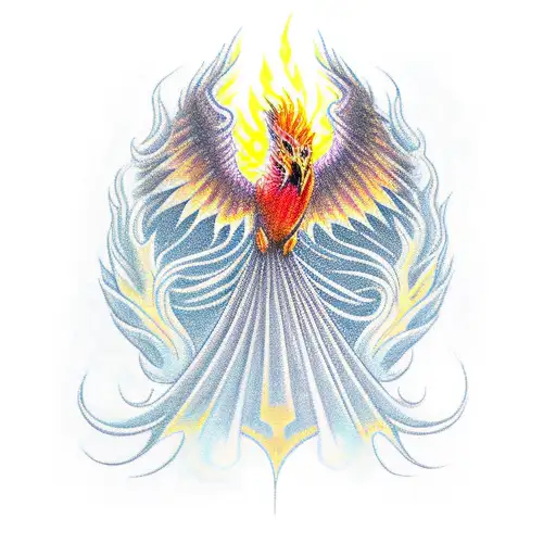 A firebird named phoenix is reborn from the program code tattoo design idea