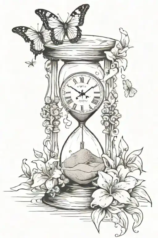hour glass with sand and clock with butterflies and lillies tattoo design idea