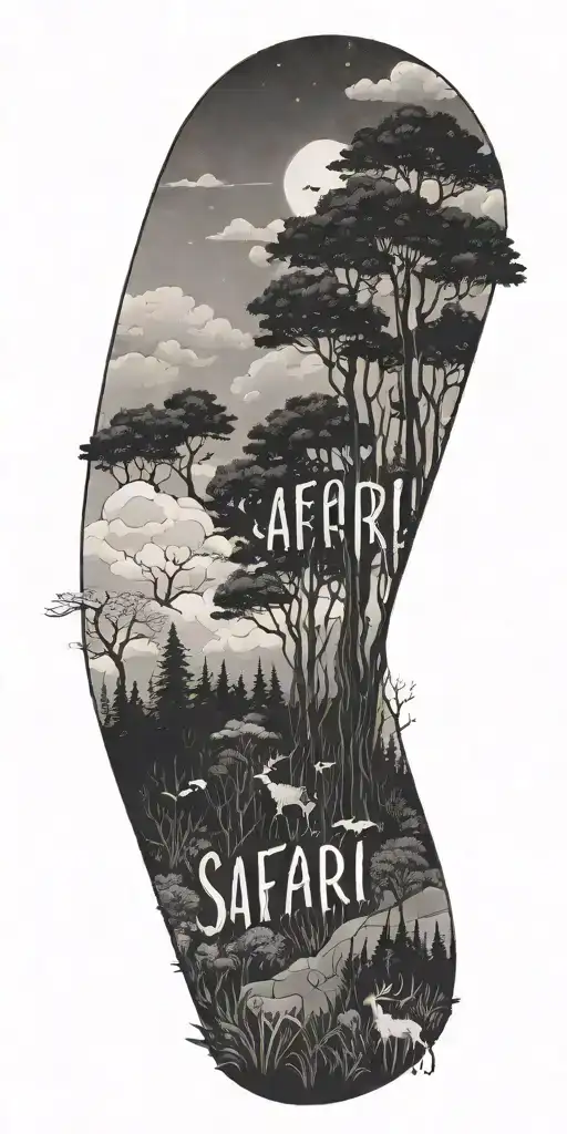 animals in a forest with the word 'safari' in the clouds tattoo design idea
