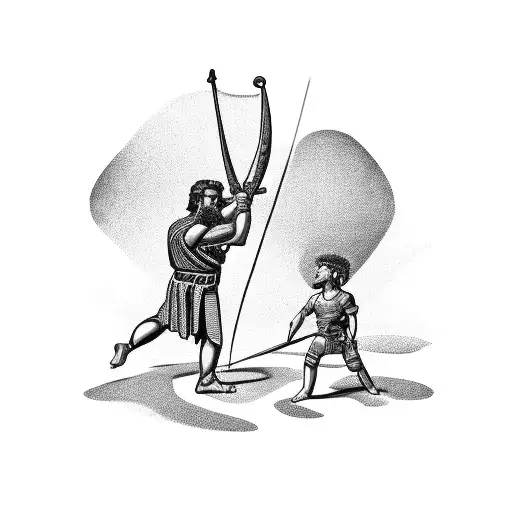 A minimalist depiction of David and Goliath facing off with a slingshot tattoo design idea
