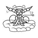 A small figure using a slingshot to take down a giant enemy, symbolizing the power of the underdog tattoo design idea