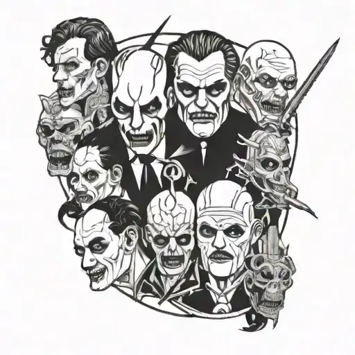 A collection of iconic horror movie villains in a stylized blackwork collage tattoo design idea