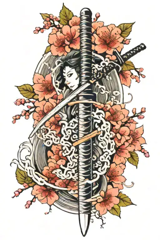 sleeve tattoo of Japanese katana surrounded with traditional cherry blossoms and waves tattoo design idea