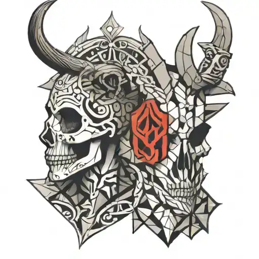 a kudu skull and a statue of King Arthur and special forces soldier with a geometric pattern background  tattoo design idea