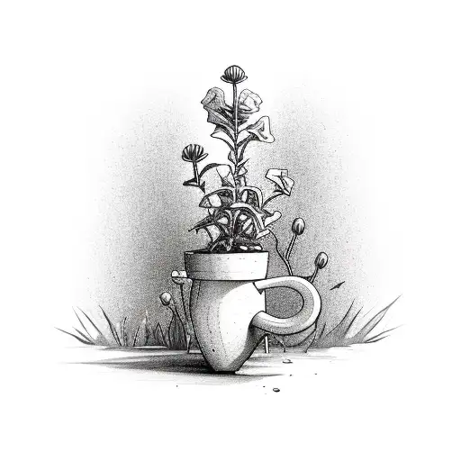 full body skeleton leaning over to water a small pot plant flower on the ground tattoo design idea