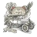 Old car racing date of birth and death on car  tattoo design idea