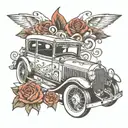 Old car racing date of birth and death on car  tattoo design idea