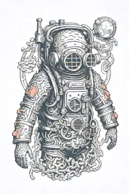 Old diving suit covered in coral tattoo design idea