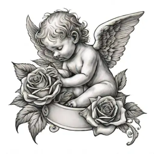 baby angel with rose with death date   tattoo design idea
