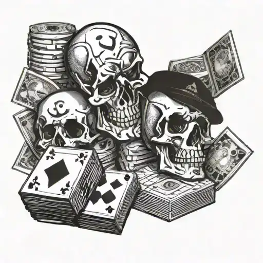 Skull money dice cards tattoo design idea