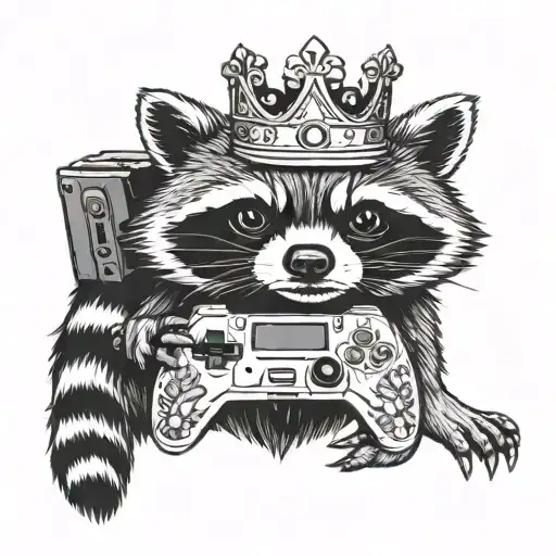 Raccoon whith a crown holding a controller tattoo design idea