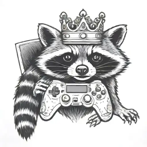 Raccoon whith a crown holding a controller tattoo design idea