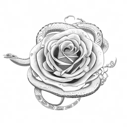 Serpent wrapped around a montre with roses intertwined, incorporating elements of a casino theme tattoo design idea