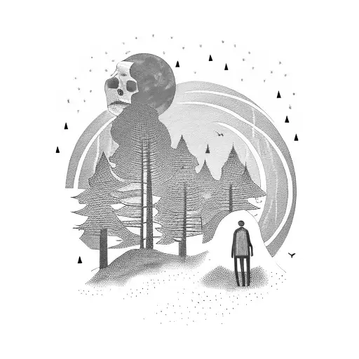 a man and a girl look into the distance, into the forest against the background of the moon tattoo design idea