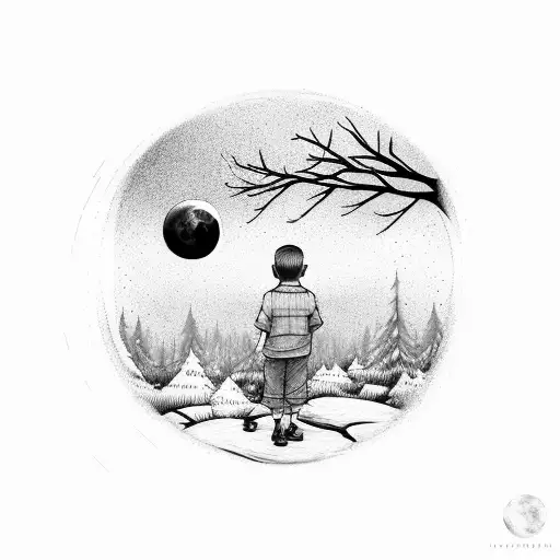 a man and a child look into the distance, in the forest against the background of the moon tattoo design idea