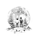 a man and a child look into the distance, in the forest against the background of the moon tattoo design idea
