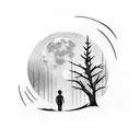 a man and a child look into the distance, in the forest against the background of the moon tattoo design idea