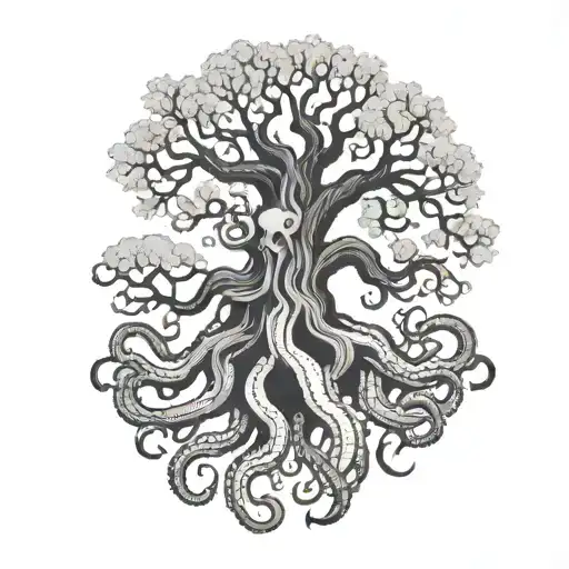 Tattoo Design, Nordic Design, Old Tree with an octopus, black and white tattoo design idea