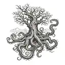 Tattoo Design, Nordic Design, Old Tree with an octopus, black and white tattoo design idea