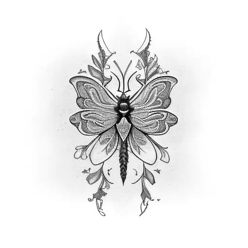 full back of leg. symmetrical butteryfly with peonies, ferns, dagger, flowers, geometric designs tattoo design idea