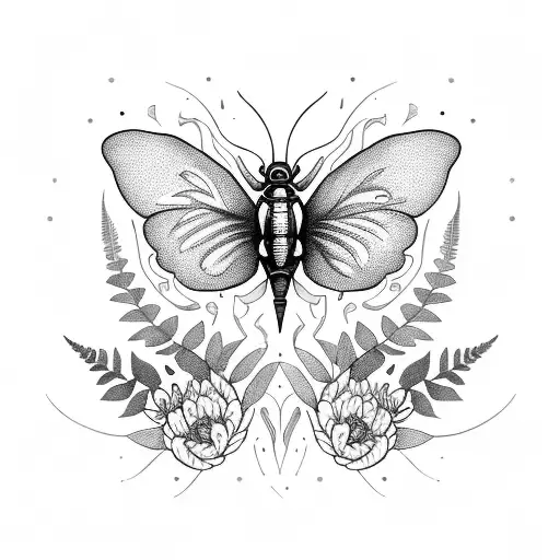 full back of leg. symmetrical butteryfly with peonies, ferns, knife dagger, flowers, geometric designs tattoo design idea