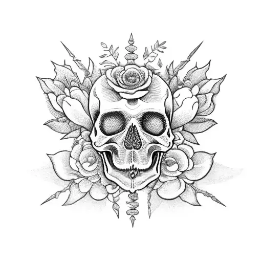 full back of leg. symmetrical butteryfly with peonies, ferns, dagger, flowers, geometric designs and skull tattoo design idea