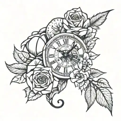 rose clock face tattoo design idea