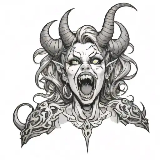 I would like a kinda cute devilsih/demon girl with horns, a big grin wit sharp teeth and her tongue stcking out  tattoo design idea