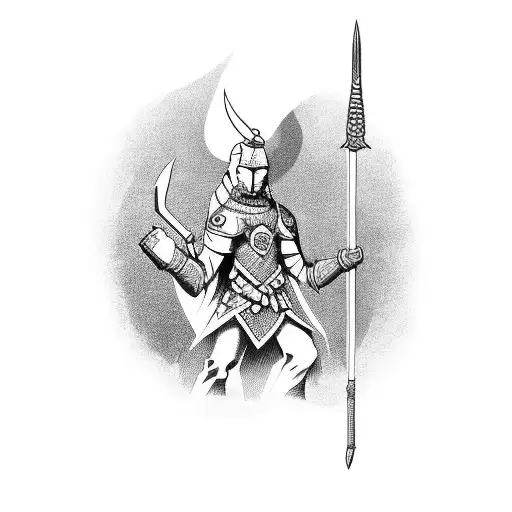 a Burmese mighty worrior that holds spear in one hand and holds a shield in other hand tattoo design idea