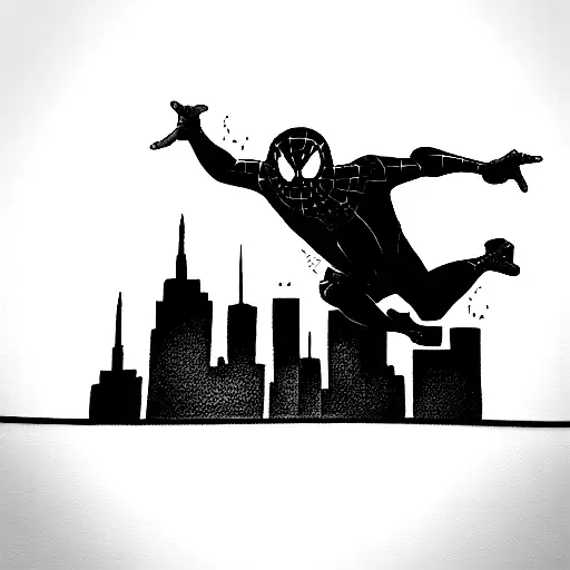 miles morales falling from the building, "its a leap of faith" in the top and in the bottom the skyline of a city tattoo design idea