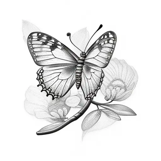 butterfly and cherry tree branch tattoo design idea