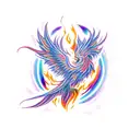 A vibrant phoenix rising from a purple, red, and orange flame, symbolizing the client's resilience as a system administrator tattoo design idea