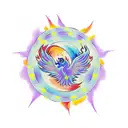 A vibrant phoenix rising from a purple, red, and orange flame, symbolizing the client's resilience as a system administrator tattoo design idea