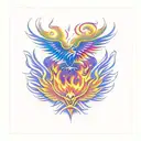 A vibrant phoenix rising from a purple, red, and orange flame, symbolizing the client's resilience as a system administrator tattoo design idea