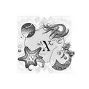 stars and ocean with the name kyson and twyla on it with the date March 8th 1986 in roman numerals with an lot of flower tattoo design idea