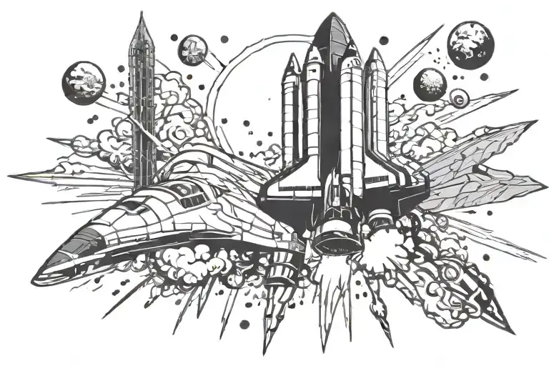 Space shuttle launching rocket into black tattoo design idea