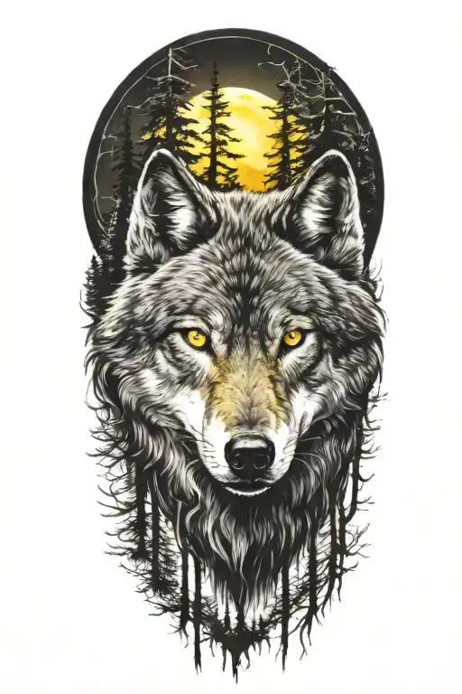 wolf with glowing yellow eyes. trees and moon surrounded tattoo design idea